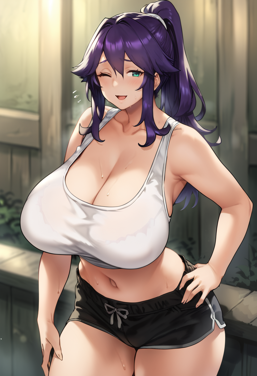 score_9, score_7_up,  1girl, 
solo, huge breasts, wide hips, thick thighs, hand on own hip, smile, black shorts, long hair, thighs, ponytail, shirt tucked in, belly, green eyes, one eye closed, crop top, ;d, shorts, sweatdrop, navel, open mouth, artist name, breasts, blush, bare shoulders, sweat, blue eyes, mature female, purple hair, tank top, bare arms, white tank top, cleavage
 <lora:houtengeki-Style-PonyXL-GLoRA-000039:1>