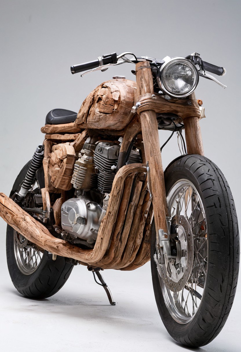photograph of a motorbike made of oldwood, white studio background, hyper realistic, natural lighting, hyper detailed, natural color