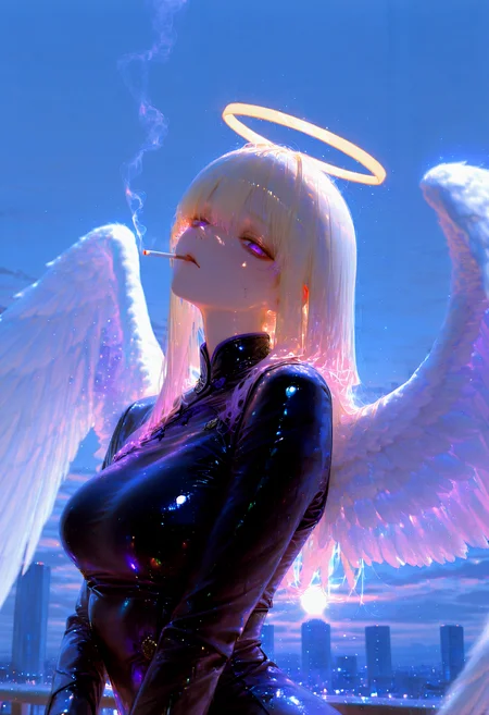 HDR, 8K, high contrast, masterpiece, best quality, amazing quality, very aesthetic, superabsurd res, high resolution, ultra-detailed, absurdres, newest, scenery, (horikoshi kouhei:0.3), (quasarcake:0.3), (wlop:0.3), lightrays, chiaroscuro, dynamic angle, 1girl, blonde hair, angel, angel wings, white wings, glowing wings, yellow halo, purple eyes, empty eyes, traumatized, upper body, cigarette, smoking, looking at viewer, huge wings, tall wings, folded wings, bags under eyes, half-closed eyes, dark eyes, pastel colors, detailed, (nakamura_regura:0.45), (ningen mame:0.45), (laserflip:0.45), (shpo:0.50), outdoors, outdoors, tokyo, cityscape, (dawn), sun, blue sky, bright, 7481llu, dust, (light particles:1.55), godrays, crack of light, backlighting, partially illuminated, Intricately designed, Mysterious Shadows, BREAK, photorealistic, beautiful detailed eyes, detailed skin, detailed hair, volumetric lighting, dappled light, light particles, dramatic shadows, cinematic lighting, photo background, depth of field, <lora:ponyxl\cfg_scale_boost:0.7> <lora:IL\748cm_illu:0.8> <lora:IL\unitynaystyle:1>