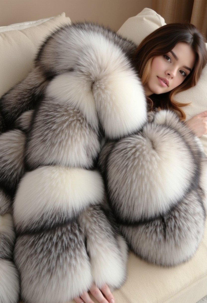 The image is a high-resolution photograph featuring a woman with a striking, luxurious fur coat. She is lying on a plush, beige-colored surface, likely a couch or bed, with her head resting on a pillow. The coat is voluminous and made of thick, high-quality fur, primarily in shades of white, gray, and black, creating a striking contrast.