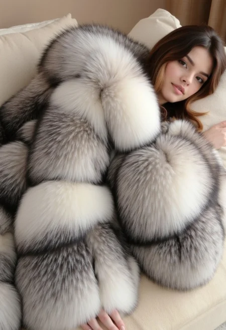 The image is a high-resolution photograph featuring a woman with a striking, luxurious fur coat. She is lying on a plush, beige-colored surface, likely a couch or bed, with her head resting on a pillow. The coat is voluminous and made of thick, high-quality fur, primarily in shades of white, gray, and black, creating a striking contrast.