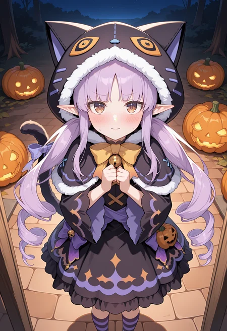 highres, best quality, masterpiece,
1girl, solo, blush,
night, outdoors, pcrkyoka, purple hair, long hair, elf, twintails, ringlets, brown eyes, kyokahal, fur-trimmed hood, cat hood, hooded capelet, black dress, print dress, jingle bell, yellow bow, wide sleeves, cat tail, tail ornament, purple bow, jack-o'-lantern ornament, striped socks, blush, standing, own hands together, looking at viewer, <lora:_kyouka_pcr-elesico-ilxlC:1>