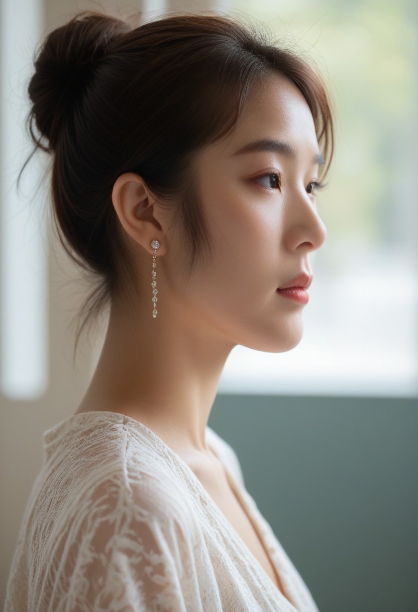 score_9, score_8_up, score_7_up, ladyburns, sideburns, 1girl, solo, jewelry, earrings, blurry, brown hair, asian, profile