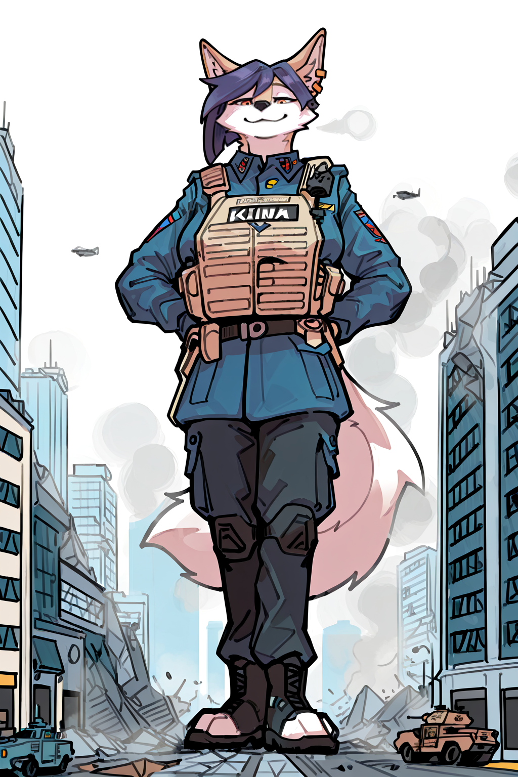 masterpiece, best quality, newest, absurdres, highres, furry, perfect anatomy, solo, korean_jindo, kirina violet, earrings, (macro:0.4), [[blue military uniform, tan plate carrier, black combat pants]], full body portrait, standing straight, buildings, smile, orange eyes, by pederont