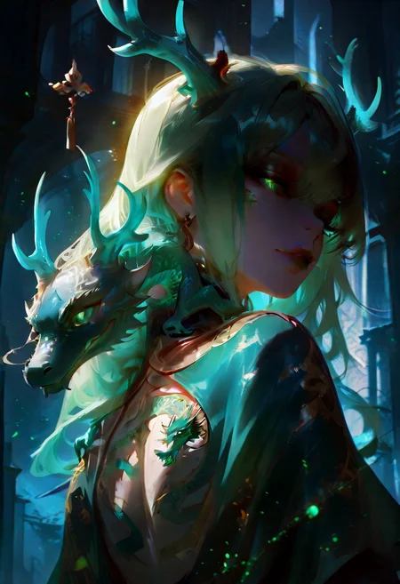 masterpiece, best quality, hyper-realistic, ultra-HD, intricate textures, luminous lighting, cinematic ambiance, shimmering gradients, ethereal glow, deep contrast, soft volumetric fog, subtle particles, radiant reflections, rich color tones, seductive atmosphere, captivating sensuality, Cinematic Lighting,Shadow,backlit, backlighting,
BREAK
raytracing, volumetric lighting, ambient occlusion, shimmering particles in the air, intricate cinematic background, intimate and seductive,
BREAK
1girl, beautiful girl, dragon in human form long hair, green hair, green eyes, jade dragon antlers, green capelet, jade green royal gown, detail eyes, glowing eye,dragon on shoulder,dragon tattoo, back tattoo
(Sexy lips),
very awa, very aesthetic, absurdres, newest, portrait, center frame, apocalype, ruined city,