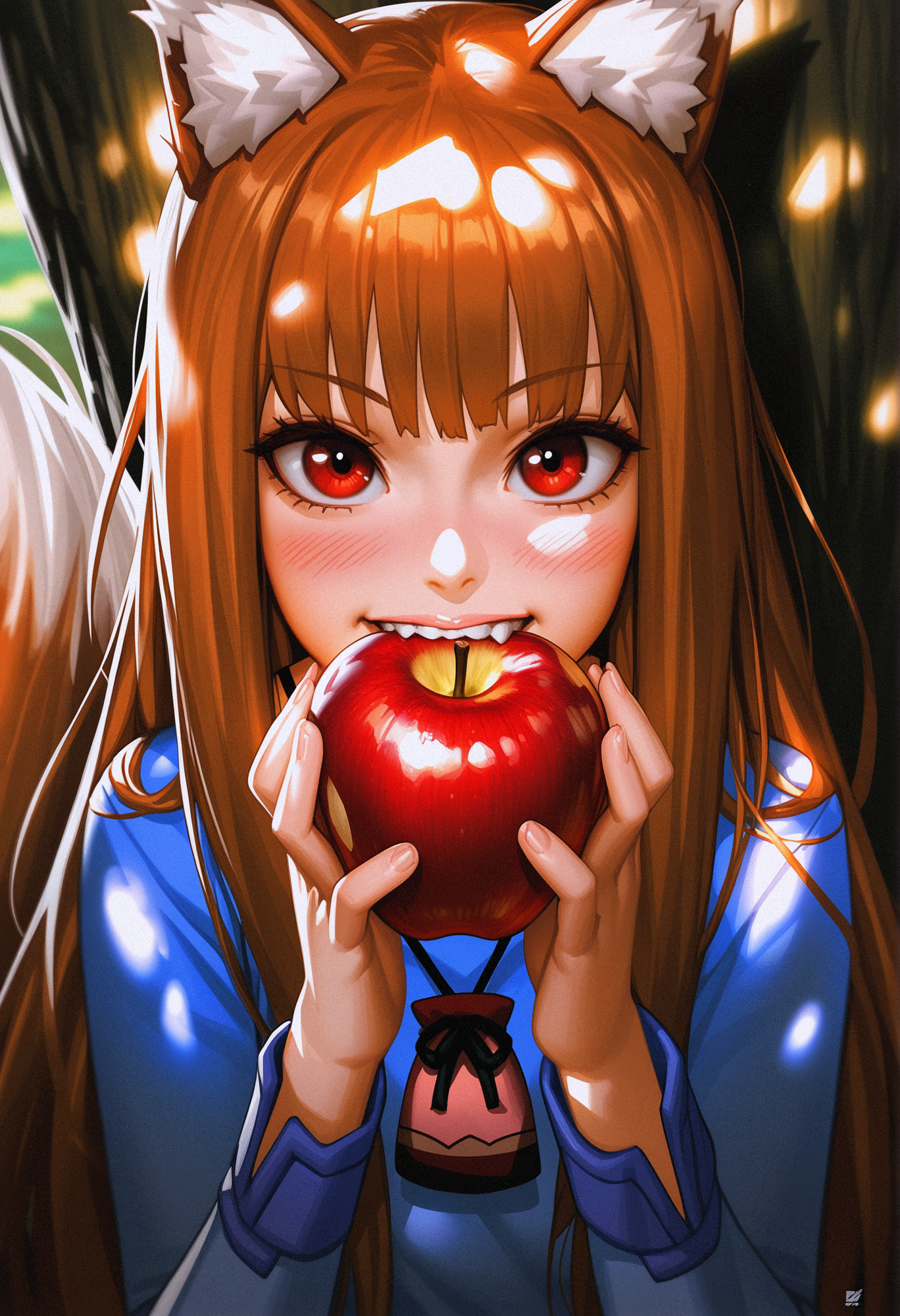 very awa, (official art:0.9), (dcwj:0.8), 1girl, holo, spice and wolf, blush, blue shirt,  apple, tree shade, biting, masterpiece, [best quality:0.15], newest, absurdres,