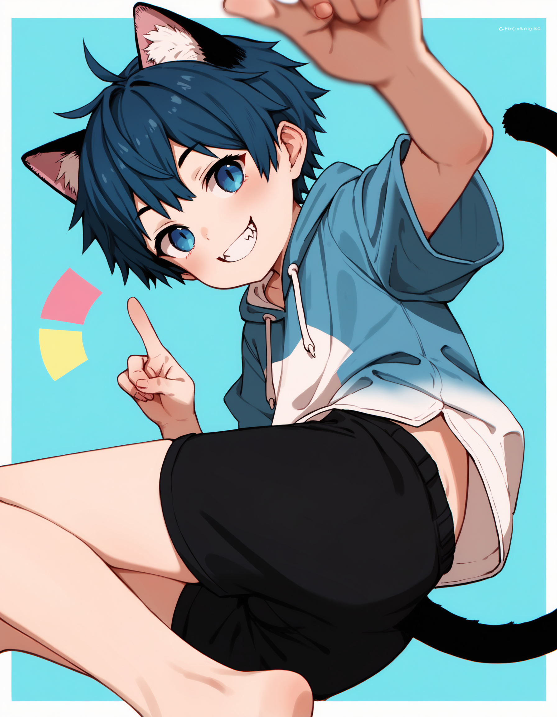 score_9, score_8_up, score_7_up, score_6_up, blue background, geometric shapes, white border, dutch angle, 1boy, solo, blue hair, blue eyes, cat ears, cat tail, black and blue sleeveless hoodie, shorts, looking back at viewer, pointing up, smile, depth of field, chromatic aberration <lora:modokie-amxl-v1-ShoAI:0.7> <lora:luye-yuan_PDXL_v2-ShoAI:0.6>