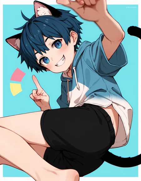 score_9, score_8_up, score_7_up, score_6_up, blue background, geometric shapes, white border, dutch angle, 1boy, solo, blue hair, blue eyes, cat ears, cat tail, black and blue sleeveless hoodie, shorts, looking back at viewer, pointing up, smile, depth of field, chromatic aberration <lora:modokie-amxl-v1-ShoAI:0.7> <lora:luye-yuan_PDXL_v2-ShoAI:0.6>