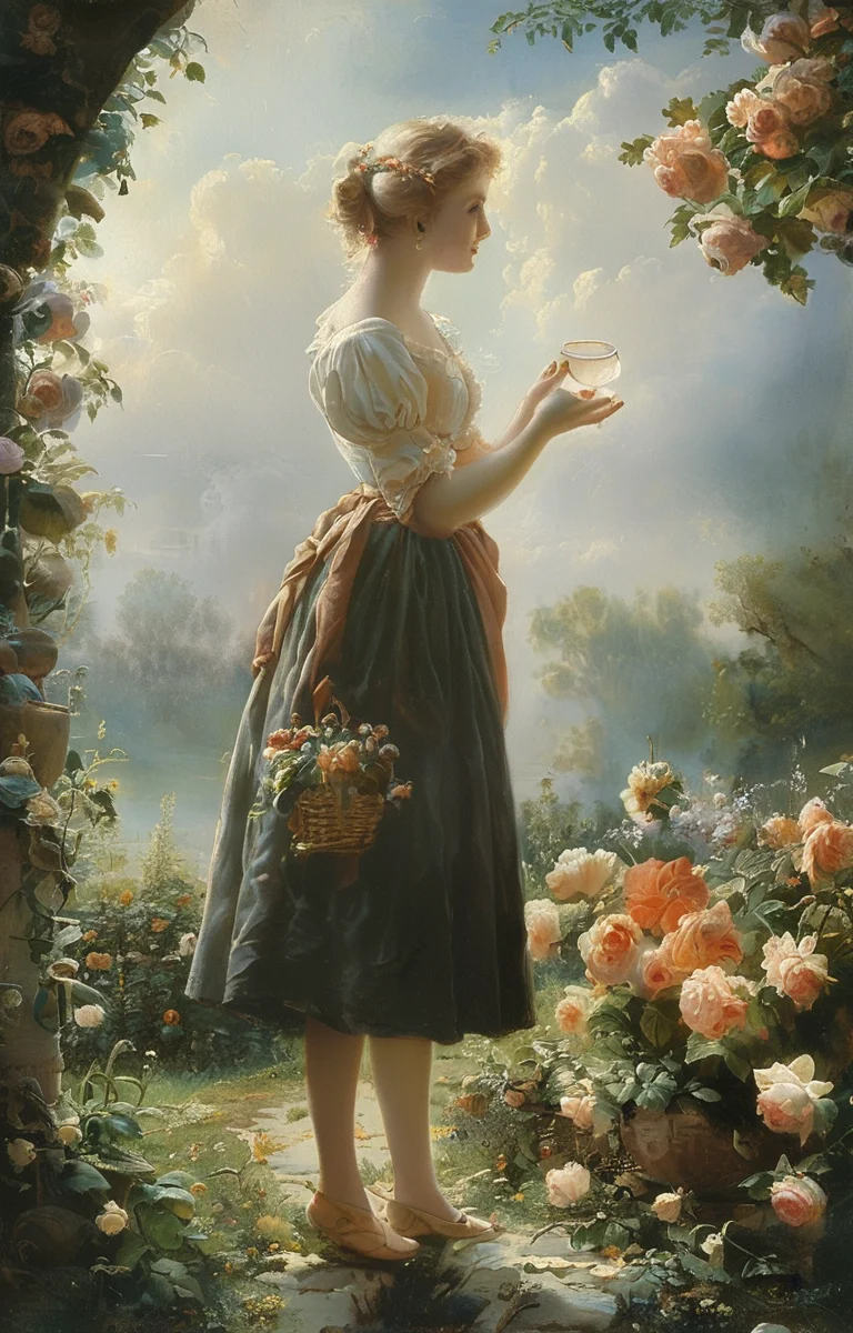 masterpiece,best quality,<lora:tbh240-sdxl:0.9>,illustration,style of Fritz Zuber-Buhler, A bottle of perfume in garden