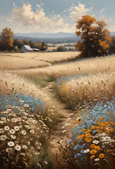 wildflower field landscape, vintage oil painting, antique landscape, country field autumn wall, no bold color, muted neutral, beige color theme with light blue and cream accents --ar 16:9 --style raw --stylize 250