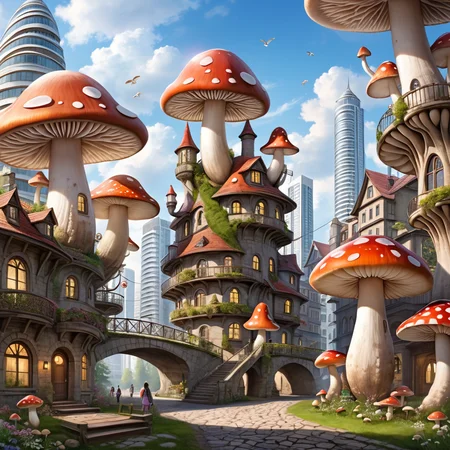 mushroom architecture, mushroom cityscape