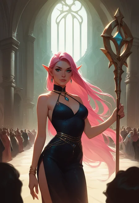 zPDXL3, score_9, score_8_up, score_7_up, rating_safe, concept art, realistic, 1girl, solo, elf princess, very long hair, pink hair, portrait, looking at viewer, black cocktail dress, golden diadem, holding a staff, jewelry, cowboy shot, standing, outdoors, castle window, crowd below