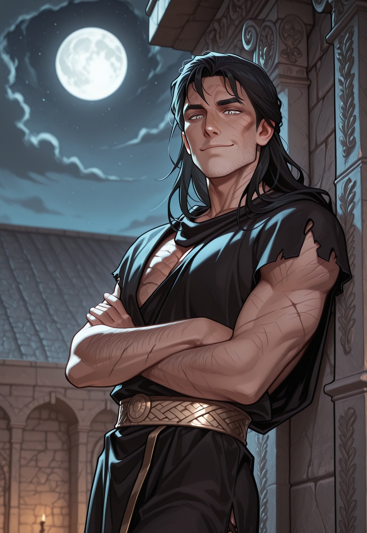 mai_ki_style, frostbite, 4s0r4, masterpiece, best quality, highly detailed, highres, absurdres, highly detailed, depth of field, vibrant image, dynamic, detailed face, detailed eyes, intricate details, absurdres, amazing quality, very aesthetic, upscale, ancient rome aesthetic, detailed pose, dynamic pose, close angle, detailed background,
BREAK
outdoors, nightime, rooftop, Ancient roman city, roman archytecture, fantasy world, leaning on wall, noble, looking at viewer, detailed face, five fingers, detailed facial features, cowboy shot, darkness, moon, at night, very dark
BREAK 
1man, male, masculine, A male vampire spawn with short black hair and grey eyes, he is dressed in black roman clothes and have yellow eyes with vertical pupils, palid skin, white skin, extremely pale, ancient rome clothing, nobility, detailed face, handsome face, looking viewer, smug, posing, crossed arms, male, man