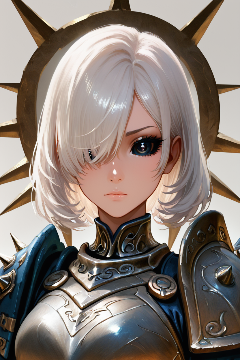 score_9, score_8_up, score_8, medium breasts, (curvy), cute, eyelashes,           BREAK, , BREAK,     1girl, solo, looking at viewer, short hair, bangs, simple background, closed mouth, upper body, white hair, medium hair, armor, hair over one eye, black eyes, gradient, gradient background, halo, bob cut, shoulder armor, spikes, colored sclera, pauldrons, serious, breastplate, black sclera, straight-on, red pupils   <lora:AnatoFinnstarkStyle_PDXL:1.0>,      embedding:zPDXL, Expressiveh, <lora:SDXLFaeTastic2400:0.5>,  <lora:Expressive_H-000001:0.4>,