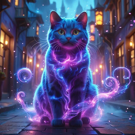 cute floating cat, ethereal glowing swirls, mystical light particles, dreamy atmosphere, vibrant neon mist, twilight city street, hyper-detailed fabric texture, soft illuminated fog, cinematic soft lighting, glowing blue and magenta hues, fantasy realism, enchanted night