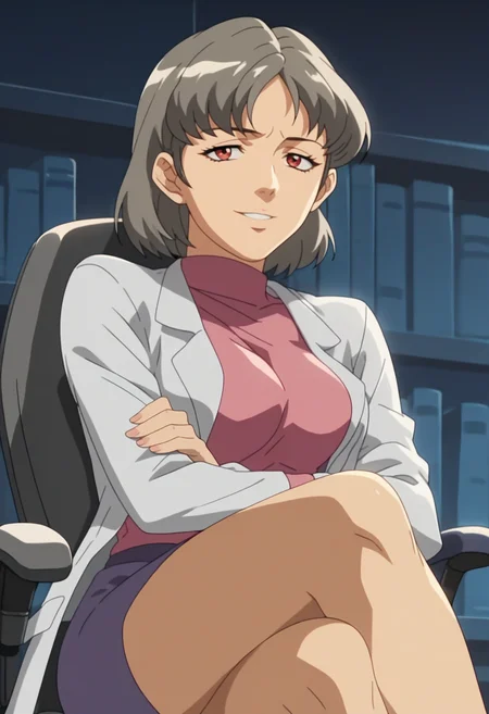 score_9, score_8_up, score_7_up, score_6_up, anime screencap, anime coloring, <lora:TheUrotsukiMob1_epoch_9:0.9>, UNSRS, 1girl, solo, grey hair, medium hair, red eyes, breasts,
lab coat, pink turtleneck, purple pencil skirt,
crossed legs, sitting, seductive smile, seductive pose, swivel chair, 
BREAK night, office, bookshelf, dark background,