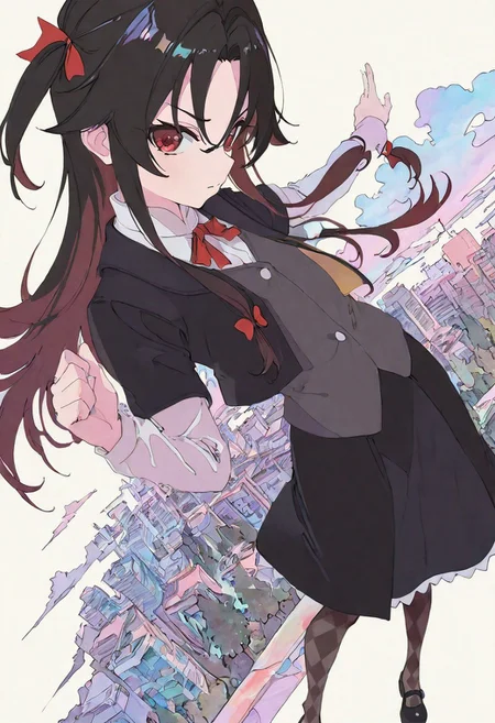 yashajin ai,red eyes,black hair, long hair,sidelocks, one side up,black jacket,white collared shirt,short over long sleeves,grey vest,black skirt, frilled skirt, argyle pantyhose, mary janes,
watercolor, pastel colors,
from above, dutch angle, dynamic angle,
breaking_dance, base sliding, legs lock, sliding,
stylish pose, fashion pose,
building, tree, sky, clouds, simple background,
masterpiece, best quality, ultra-detailed, best illustration