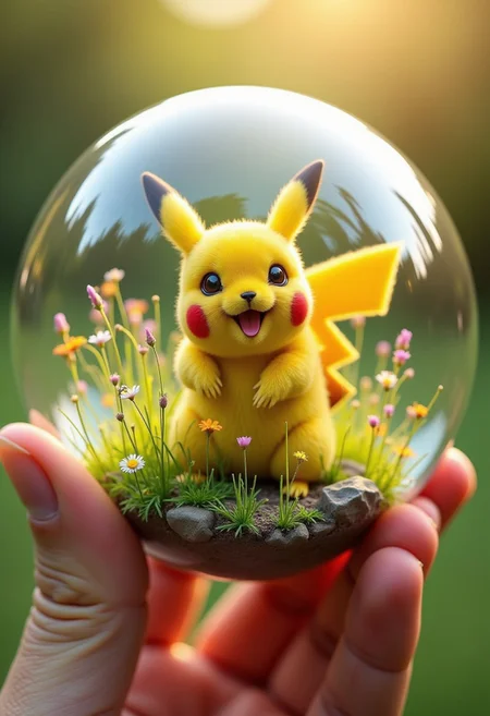 Create a high-quality, hyper-realistic, and extremely detailed image of a Pikachu in a meadow contained within a glass orb. The orb is held in a hand, and the image is slightly zoomed out to showcase the entire sphere. The Pikachu is intricately detailed, with every fur strand, electric cheeks, and playful expression clearly visible. The meadow is lush and vibrant, with tall grass, colorful flowers, and a few scattered rocks. The glass orb is perfectly clear, with subtle reflections and refractions that enhance the realism of the scene. The hand holding the orb is realistically rendered, with visible muscle definition and fine details. The background is a soft, blurred environment, drawing focus to the orb. The lighting is natural and warm, with the sun casting gentle shadows and highlights, creating a serene and lively atmosphere.