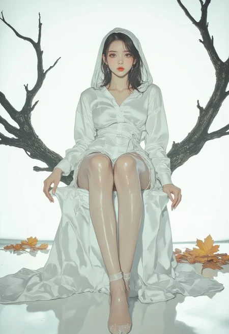pingtu style, illustration-fen. a striking woman against a glowing white backdrop. the stunning woman is tall, with pale skin and red lips. she wears an elegant hooded gown, made of white satin, clinging to her slender figure. her hood is partly pulled back, revealing shoulder length black-white hair. the woman's attitude is mysterious and sensual. she wears ankle heels. she sits legs spread on a sculpture, resembling an abstract tree branch, growing from the floor in an half arc, serving as a seat, the material pitch black. the white glowing floor is covered with autumn leaves. the overall mood is mysterious and cryptic.
the backdrop is glowing white and illuminates the scene with diffuse lighting, creating a slight ethereal glow around the woman. the key lighting highlights the fabrics and details of the woman and the sculpture.
the image overall is a hyper detailed and realistic, creating an breath-taking fashion shot.