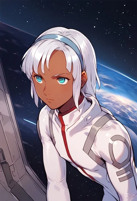 by laserflip, score_9, score_8_up, score_7_up, 1boy, femboy, loran, loran cehack, loran gundam, dark skin, white hair, blue eyes, white hairband, white bodysuit, futuristic bodysuit, space, space station, dynamic angle, solo, solo focus,