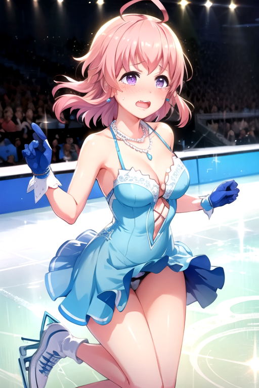 <lora:SakuraPTD-09:0.7> ,sakura, 1girl, solo, blush, open mouth, skirt, gloves, dress, cleavage, jewelry, medium breasts, purple eyes, pink hair, ahoge, tears, necklace, wavy mouth, blue gloves, pearl necklace, skates, ice skates