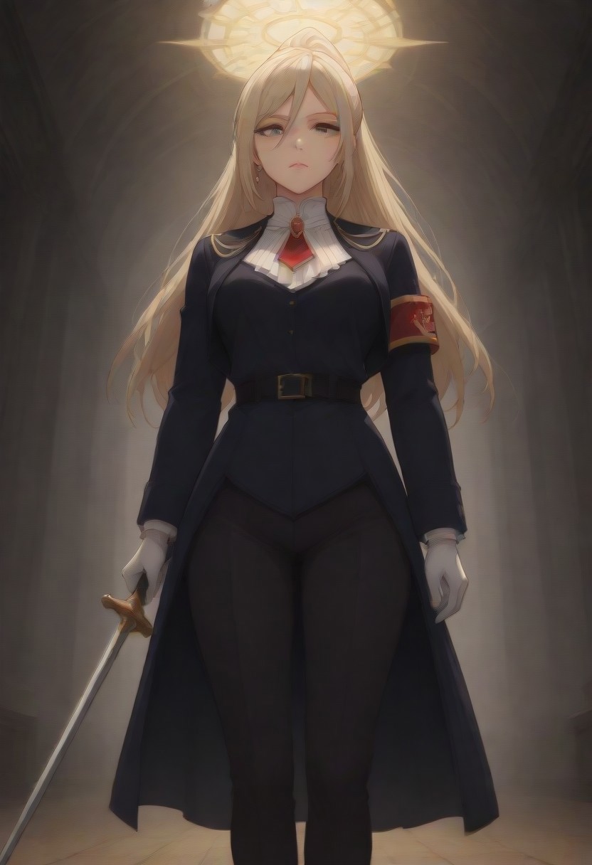 masterpiece ,best quality ,amazing quality ,very aesthetic,absurdres,newest,scenery,highres,usnr,hualidefengge,1girl,solo,looking at viewer, super low angle ,one weapon, Elentzia_TR, blonde hair, ponytail, gray eyes, military uniform, red necklace, red armband, floor length ,golden trimmed, earrings, jewelry ,one sword, gloves ,female ,holding ,holding weapon ,halo ,looking at viewer, habit, dark castle background. freebos_smoothiestyle