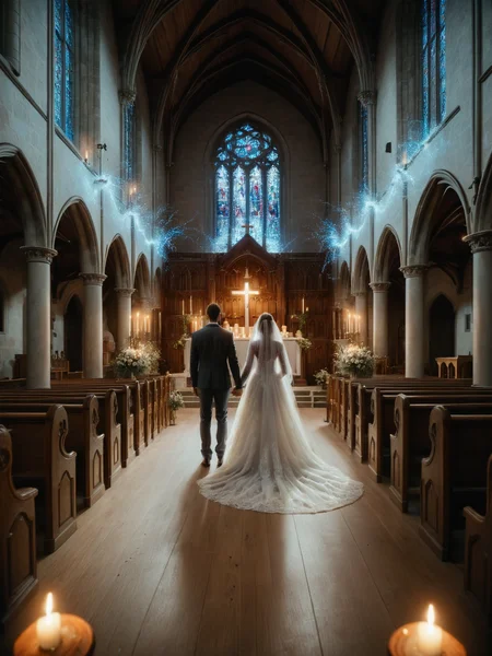 An ais-sparkz bride and groom, standing at the altar in a dimly lit church <lora:Sparks_Style_SDXL:1>