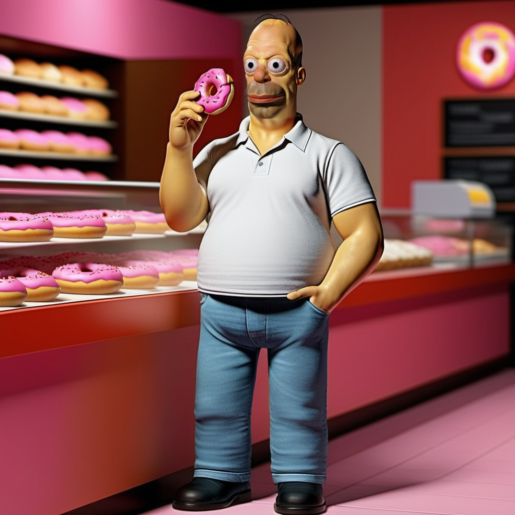 Homer1024, a man with a white shirt and a jean pants, eat a pink donut in a pastry store,  highly detailed, photography, ultra sharp, film, bokeh, professional, 64k   <lora:Homer1024:0.8>