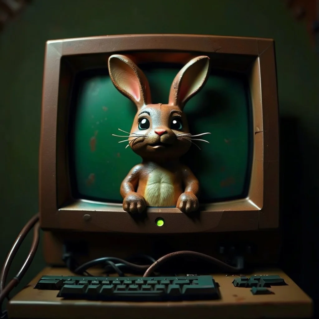 small cute anthro bunny boy, on a monitor made out of Jed-Rst, Rusty, cable mess, mntnnc_md_plz_stand_by, text on monitor: "🐇",