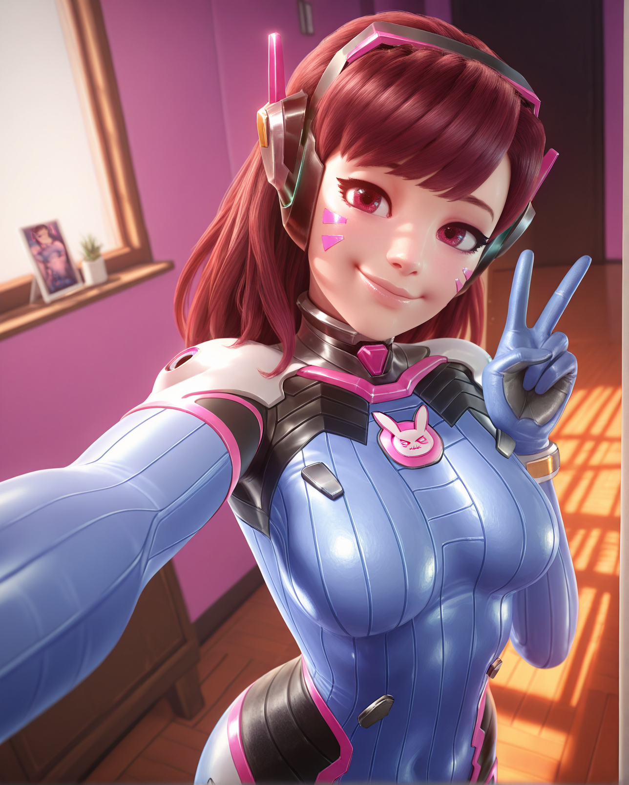 masterpiece, best quality,3d, realistic, f0rceb4llfx, 1girl, d.va \(overwatch\), selfie, v sign, bodysuit, smile, indoors, <lora:ForceballfxIL:1>