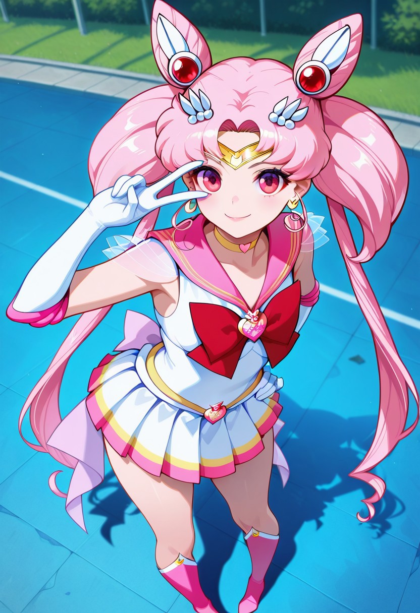 masterpiece,extremely detailed,best quality,amazing quality,newest,absurdres,highres, super detailed skin,1 girl, sailorchibimoonagedup,  solo, long hair, cone hair bun, sailor senshi uniform, pink hair, twintails, gloves, pink sailor collar, heartchoker, sailor collar, white elbow gloves, bow,  hair ornament, pleated skirt, back bow, earrings,smile, pigeon-toed, v_over_eye ,One hand on hip and the other making a V_over_eye,, from above, outdoors