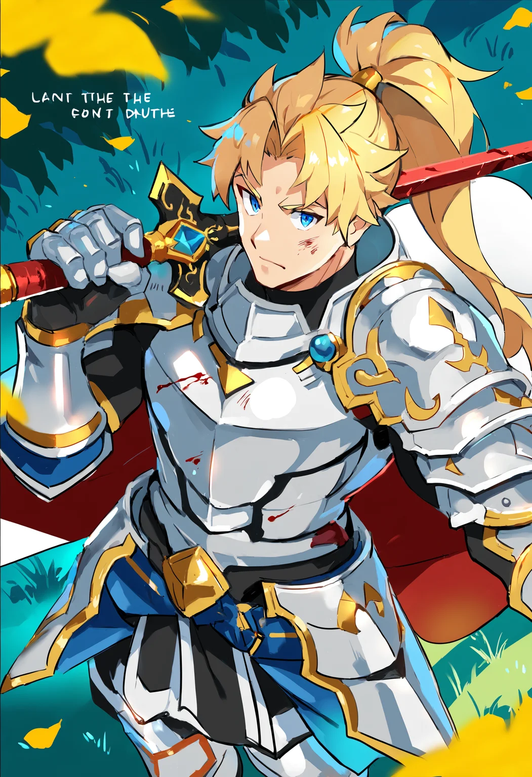 1boy, male focus, solo, best quality, amazing quality, best aesthetic, absurdres, tofulabo <lora:tofulabo_AnimeBoysXL_v1.0:1>, armor, blonde hair, blood, blood on weapon, blue eyes, breastplate, cape, closed mouth, english text, gauntlets, grass, holding, holding sword, holding weapon, injury, looking at viewer, polearm, ponytail, shoulder armor, standing, sword, weapon