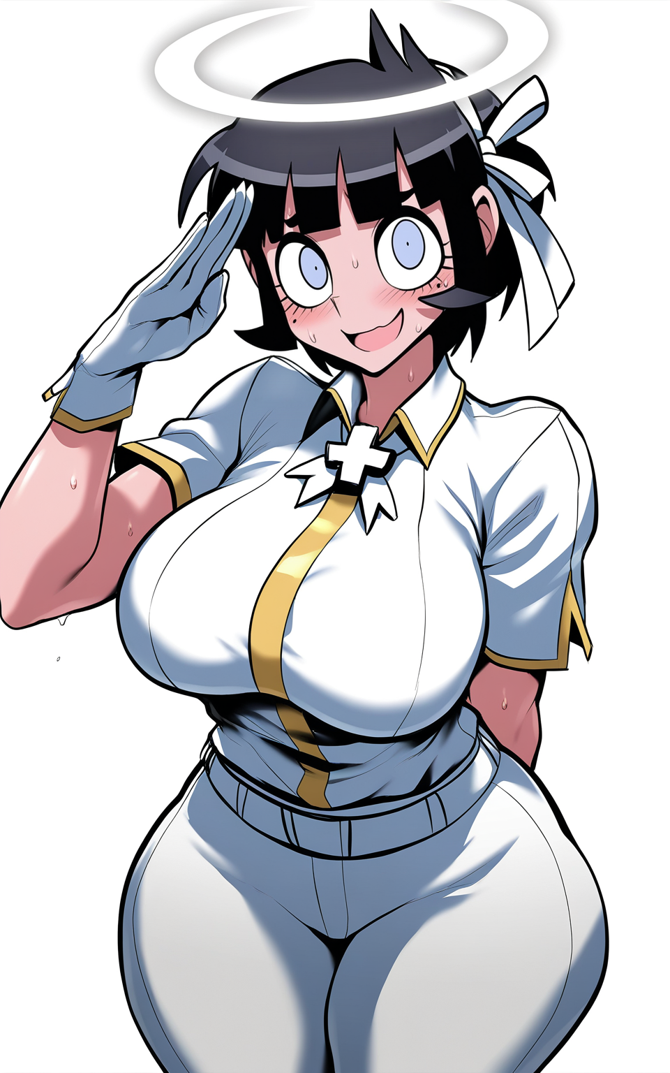 masterpiece, best quality, absurdres, highres, very awa,
 <lora:Jadf v2 - NoobAI 1.0 V-Pred:1>
1girl, solo, azazel \(helltaker\), angel, black hair, short hair, halo, blue eyes, looking at viewer, smile, open mouth, nervous, nervous sweating, sweat, blush, white shirt, short sleeves, white pants, hair ribbon, white ribbon, white gloves, large breasts, thick thighs, standing, arm behind back, hand up, salute, white background, simple background