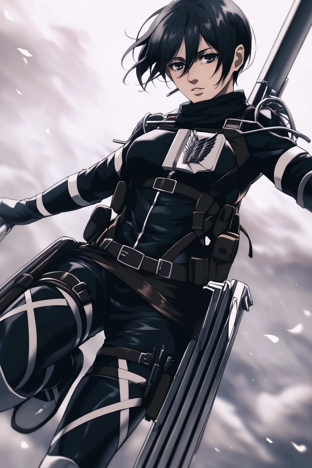 score_9, score_8_up, score_7_up, BREAK source_anime, <lora:adult mikasa ackerman-PonyXL-lora-faxtron:0.8> adult mikasa ackerman, black eyes, black hair, short hair, medium breasts, military uniform, armor, belt, thigh strap,