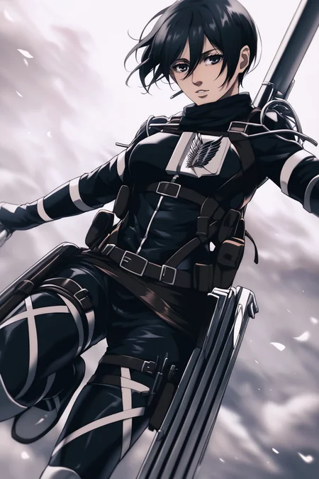 score_9, score_8_up, score_7_up, BREAK source_anime, <lora:adult mikasa ackerman-PonyXL-lora-faxtron:0.8> adult mikasa ackerman, black eyes, black hair, short hair, medium breasts, military uniform, armor, belt, thigh strap,