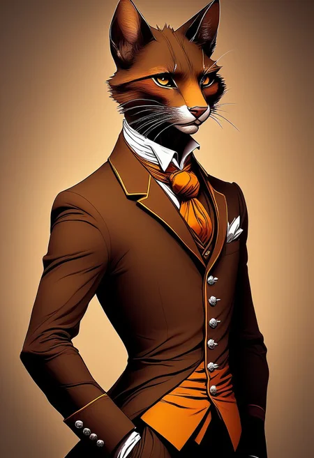 Fit, tabaxi, male, Uniform, dancer, elegant, leader, solid brown fur, calm