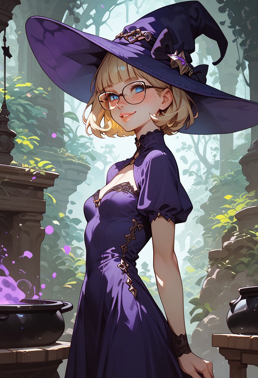 score_9, score_8_up, score_7_up, score_6_up, score_5_up, score_4_up, 1girl, (score_9, score_8_up:1.1), score_7_up,  short blonde hair,  blunt bangs, blue eyes, big squared eyeglasses, small breasts, slim, pale skin, freckles, standing, shy smile, closed lips, purple witch hat, purple witch dress, black cauldron, mystical forest, night time