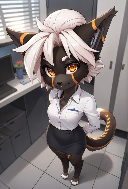 score_9, score_8_up, score_7_up, score_6_up, score_5_up, score_4_up, depth of field, bokeh, indoors, office, (from above:1.4) BREAK
<lora:warning_fluffkevlar_ponyXL_v1.62_0.99:1.00> fkwarning, (shortstack:1.1), white hair, orange eyes, hair bun, black fur, furry, 1girl, solo, looking at viewer, full body, office lady, tail, long tail