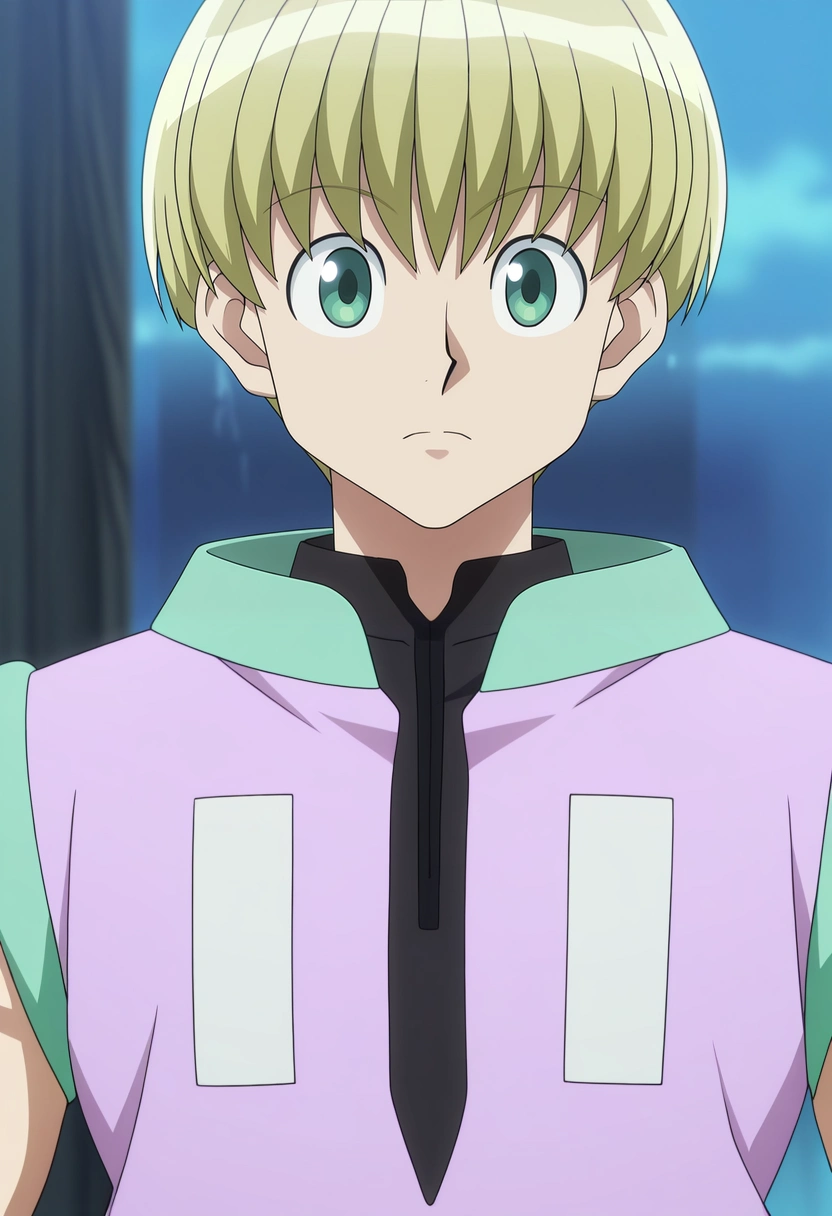 masterpiece, best quality, intricate details, anime screencap, anime coloring, official style, looking at viewer, 1boy, solo, male focus, <lora:shalnark_ryuseih_ilxl:0.94>, shalnark_ryuseih, blonde hair, green eyes, short hair, bangs, ,