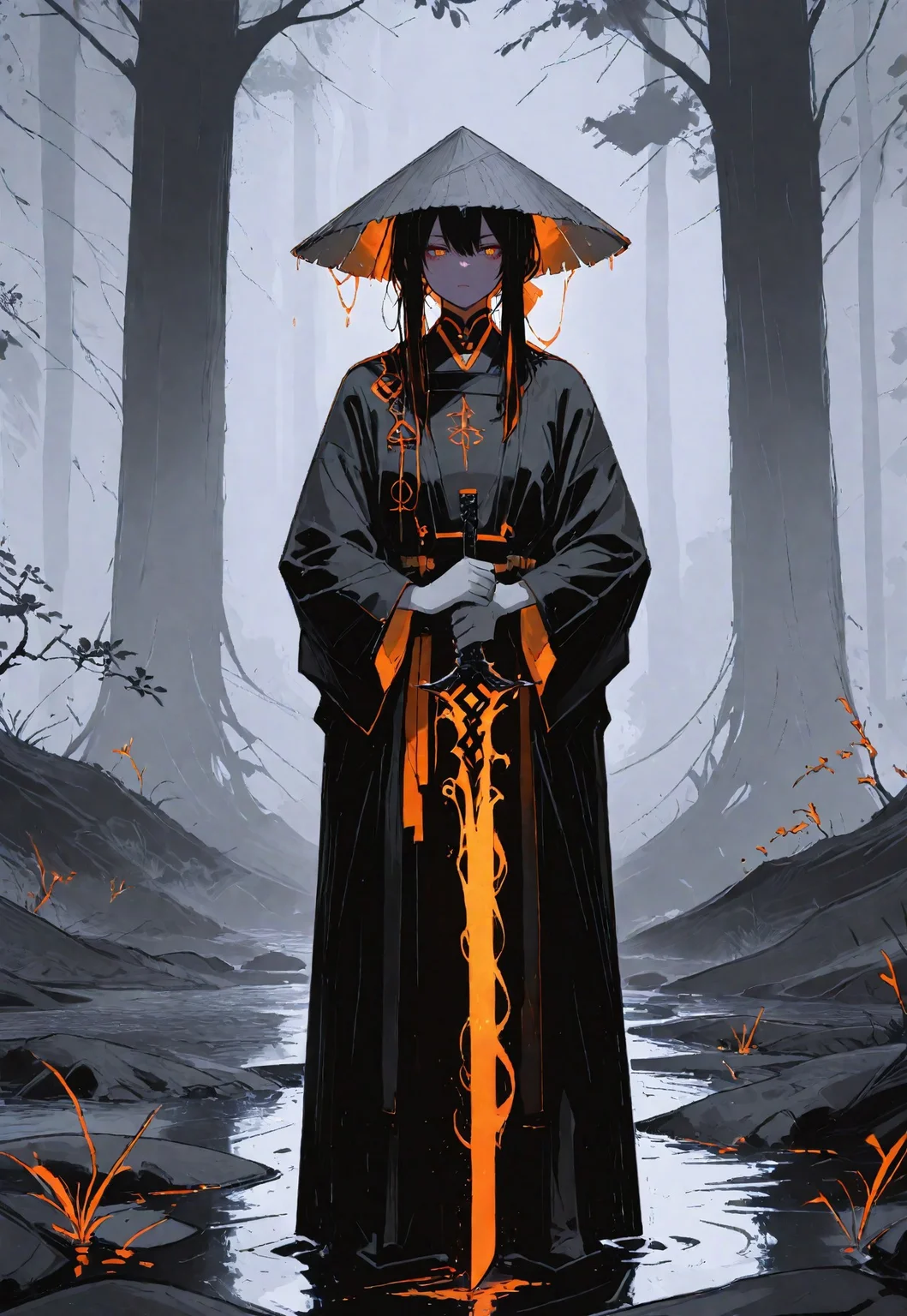 masterpiece, masterworks, best quality, amazing quality, very aesthetic, absurdres,1girl, black robe, rice hat, mysterious atmosphere, flowing script,holding a black smoky sword of darkness, traditional clothing, shadowy figure, foggy background, cinematic composition, dramatic lighting, minimalist design, standing pose, stylized, high contrast, moody setting, ethereal vibe, monochrome tones, intricate details, rainy setting, samurai aesthetic, best quality, highly detailed., masterpiece, best quality, highly detailed, beautiful faceabstract, Vantablack colors, expressive, artistic