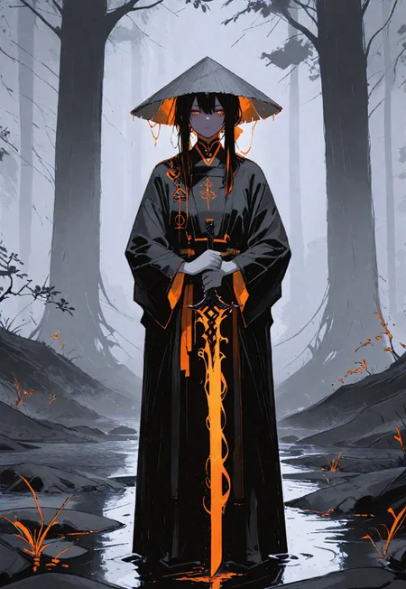masterpiece, masterworks, best quality, amazing quality, very aesthetic, absurdres,1girl, black robe, rice hat, mysterious atmosphere, flowing script,holding a black smoky sword of darkness, traditional clothing, shadowy figure, foggy background, cinematic composition, dramatic lighting, minimalist design, standing pose, stylized, high contrast, moody setting, ethereal vibe, monochrome tones, intricate details, rainy setting, samurai aesthetic, best quality, highly detailed., masterpiece, best quality, highly detailed, beautiful faceabstract, Vantablack colors, expressive, artistic
