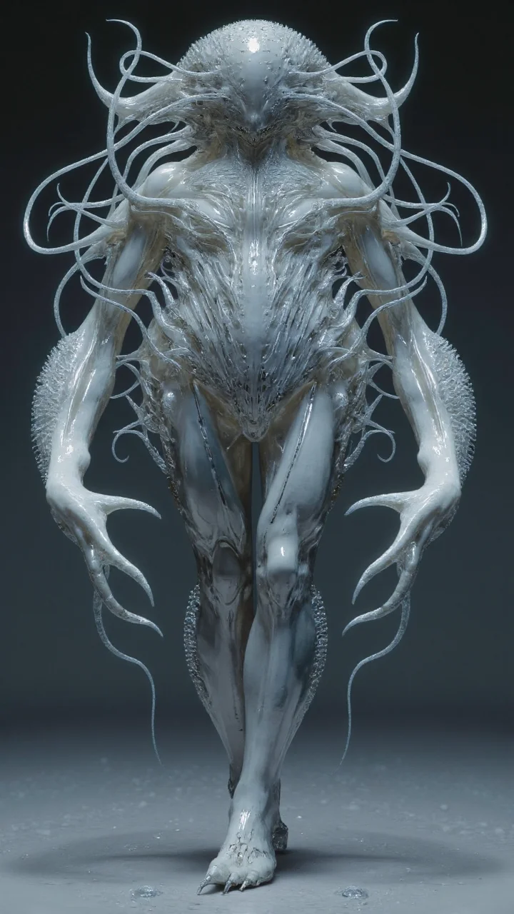 4byss, A humanoid whose form appears to be made of living sonar waves. Its surface constantly ripples with sound patterns that induce complex hallucinations in nearby creatures. Instead of walking, it phases between spaces while leaving behind perfect copies of itself made of compressed water molecules that slowly dissolve into the surrounding environment.