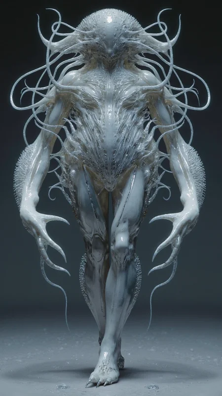 4byss, A humanoid whose form appears to be made of living sonar waves. Its surface constantly ripples with sound patterns that induce complex hallucinations in nearby creatures. Instead of walking, it phases between spaces while leaving behind perfect copies of itself made of compressed water molecules that slowly dissolve into the surrounding environment.