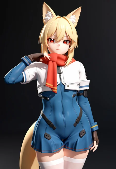 score_9, score_8_up, score_7_up, 1 girl, solo, nagantDef1, blonde hair, medium hair, red eyes, blue jumpsuit, two-tone jumpsuit, white jacket, cropped jacket, short over long sleeves, red scarf, white thighhighs, brown gloves, fingerless gloves, thick hips, cowboy shot, looking at viewer, fox ears, fox tail, 3D