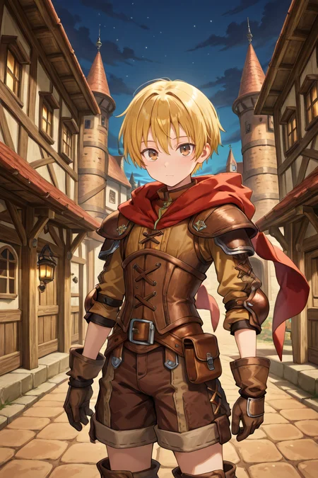 <lora:Canaan:0.8> , CaDef, solo, 1boy, brown eyes, short hair, blonde hair, red hood, hood down, shoulder pads, elbow pads, armor, corset, brown shorts, shorts, brown gloves, gloves, brown boots, boots, cowboy shot, wooden fortress, exterior, fortress, night, looking at viewer, solo, masterpiece, very aesthetic, absurdres, best quality, amazing quality, high resolution, detailed background, <lora:illustrious_quality_modifiers_masterpieces_v1:0.8> , <lora:ChamIllustriousBackgroundEnhancer:0.5>
