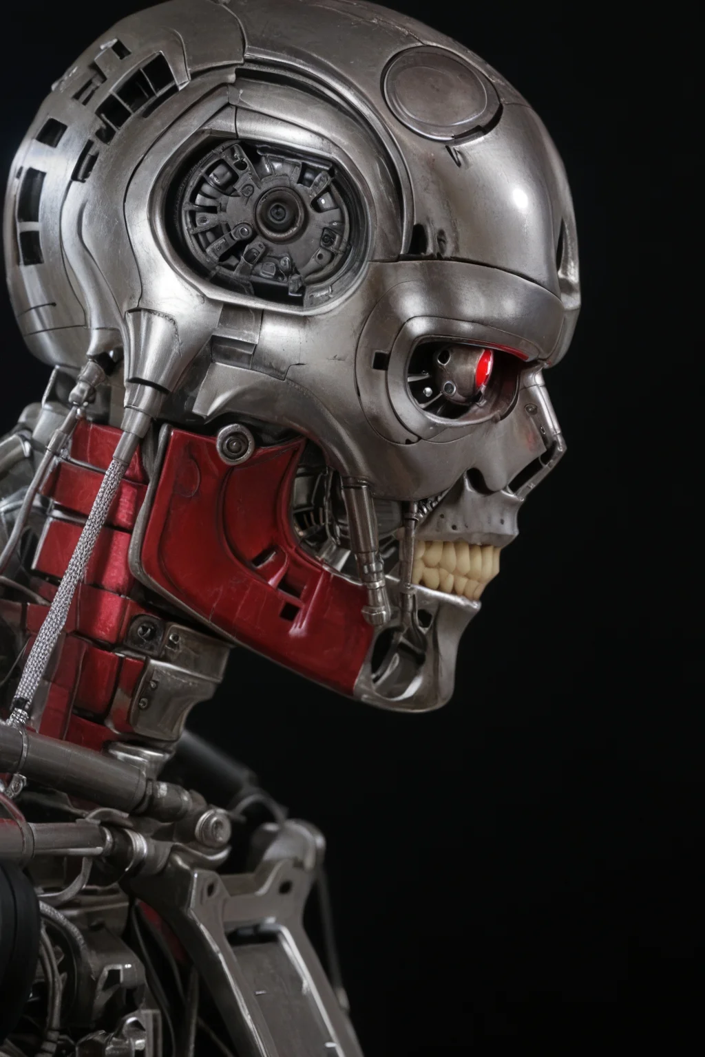 T800_Endo, Terminator robot, score_9, score_8_up, score_7_up, (source_IRL, source_movie), cinematic, realistic, masterpiece, high quality, highres RAW photo, ((close-up shot, close-up head shot, side profile view, from the side))
a T800_Endo Terminator Robot with red eyes, he is made of metal, he is made of shiny chrome metal, new, clean, <lora:T800_Endo_Terminator_Pony-000010:1>
(standing)
black background
dynamic lighting, highly detailed, intricate details