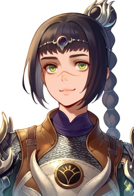 best quality, amazing quality, very aesthetic, absurdres,
1girl, solo, shadowheart, black hair, braided ponytail, green eyes, scar on face, circlet, armor,
smile, looking at viewer, upper body, simple background, white background,  <lora:ShadowHeartIllustrious_byKonan:0.8>   <lora:MoryoNoob_byKonan:1>