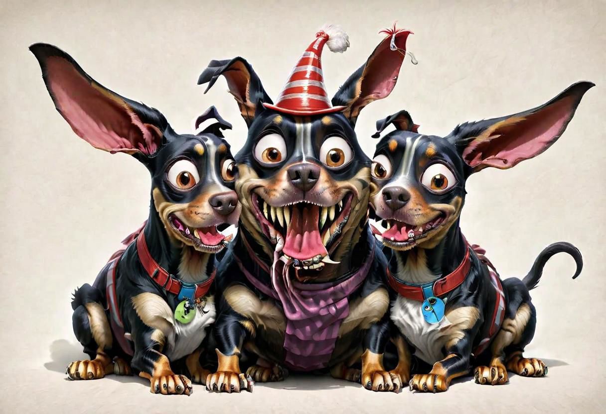 photorealistic high details, siamese twins fleshmutant skinny fuzzy baby mooron mad random color smiling lady dobermann full tail and full ginormous ears, shortest legs, high with meth, striped black and white, dog abomination with huge eyes , wearing an italian fancy hat,art by pixar , biotech inserts, fighting a big rabbit hidden in a hole in the big yellow wall, all inside an italian gim <lora:Fleshmutant_R2-000003:1>