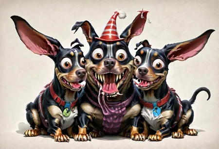 photorealistic high details, siamese twins fleshmutant skinny fuzzy baby mooron mad random color smiling lady dobermann full tail and full ginormous ears, shortest legs, high with meth, striped black and white, dog abomination with huge eyes , wearing an italian fancy hat,art by pixar , biotech inserts, fighting a big rabbit hidden in a hole in the big yellow wall, all inside an italian gim <lora:Fleshmutant_R2-000003:1>