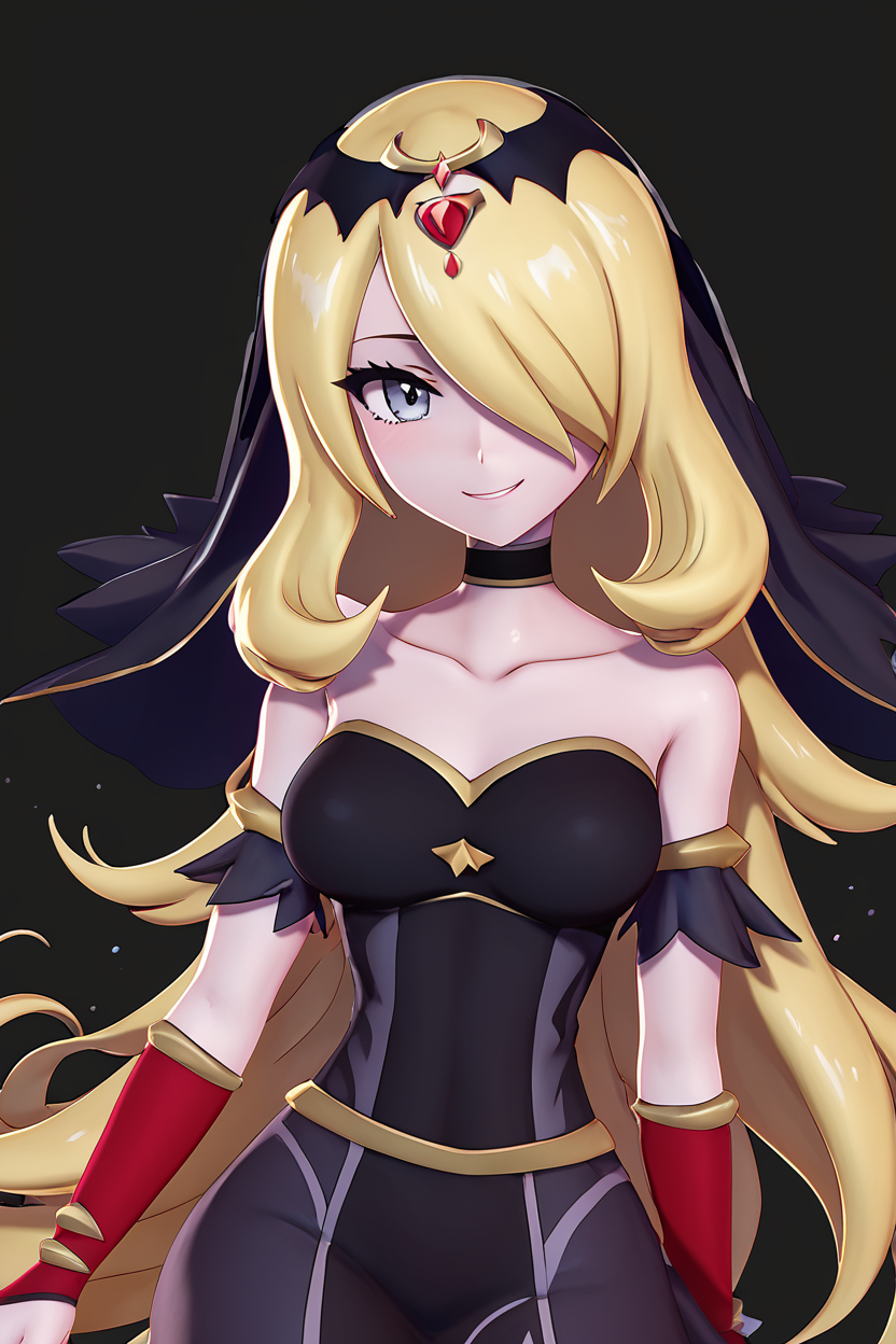 score_9, score_8_up, score_8, medium breasts, (curvy), cute, eyelashes,       BREAK, , ,,,  zzCynthiaRenegade, grey eyes, long hair, blonde hair, hair over one eye, hair ornament, official alternate costume,  black dress, black choker, veil, tiara, collarbone,  <lora:CynthiaRenegade_Pokemon_PDXL:1.0>,   ,,, , BREAK, smile, looking at viewer, cowboy shot, ,,, embedding:zPDXL, Expressiveh, ,,, <lora:Zy0n7_PDXL:0.8>, <lora:SDXLFaeTastic2400:0.5>, <lora:Expressive_H-000001:0.4>,